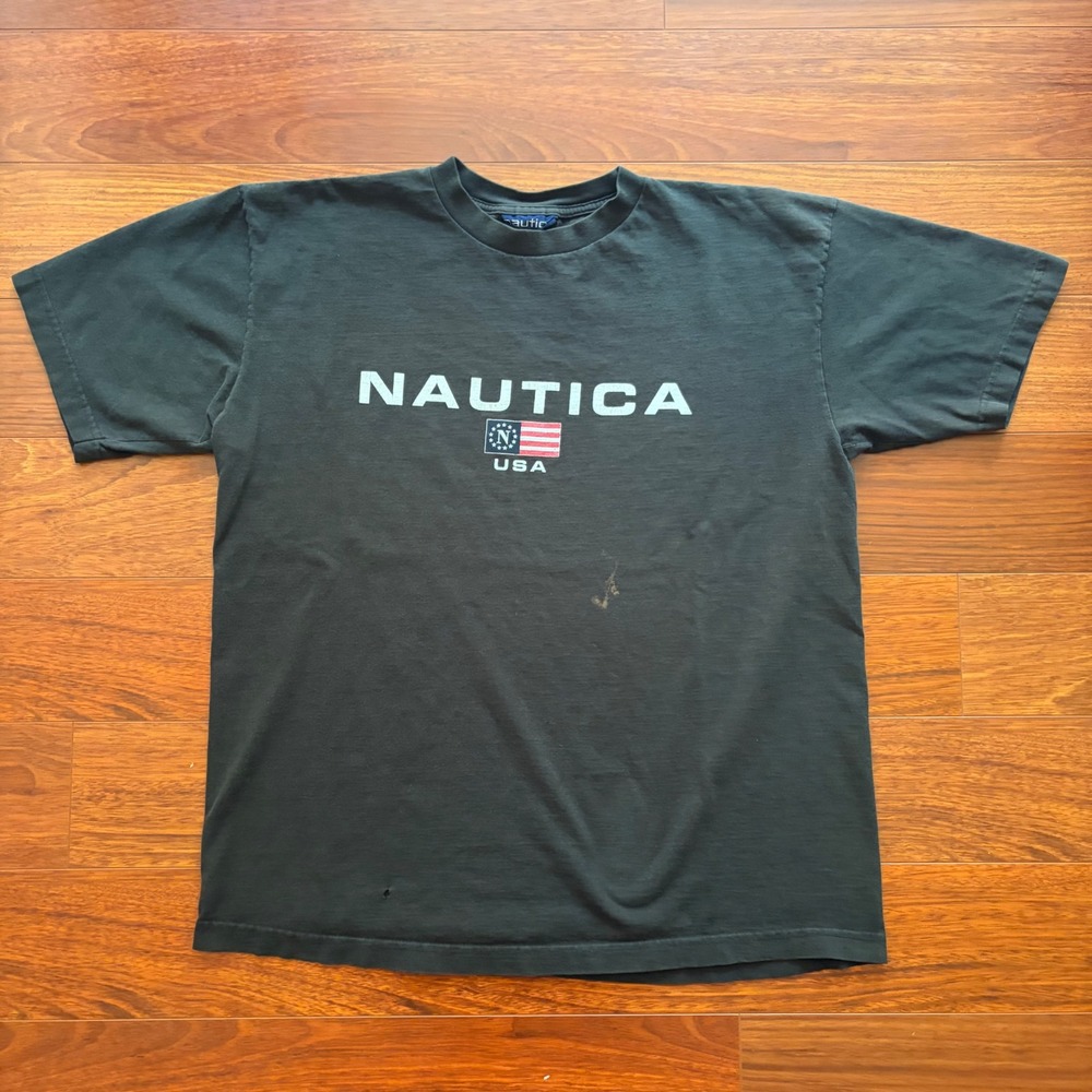 Nautica Mens Vintage USA Flag T-Shirt Size L Black Short Sleeve Cotton 90s Tee